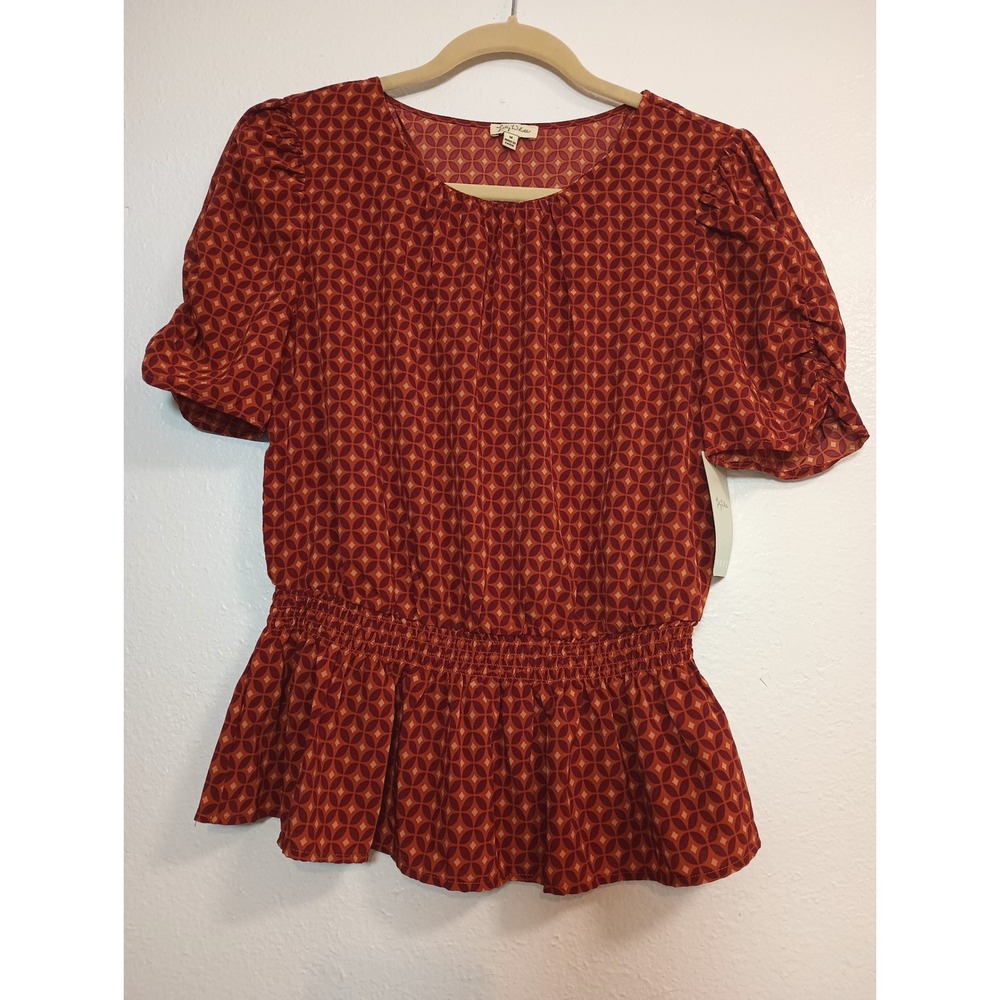 Lily White Rust Red Geometric Smocked Peplum Puff Sleeve Blouse Top NWT Medium